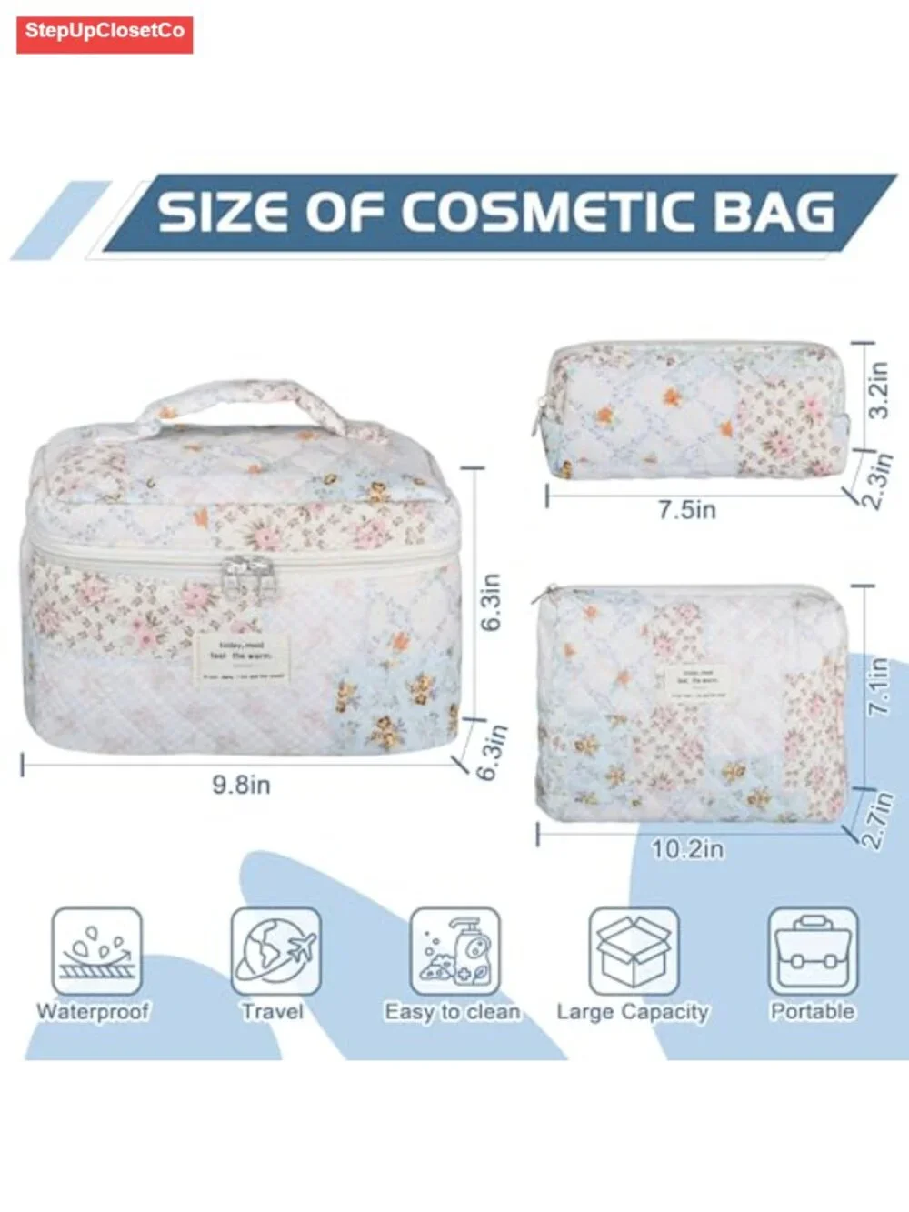 Quilted Cotton Makeup Bag Set - Floral Cosmetic Organizer for Travel